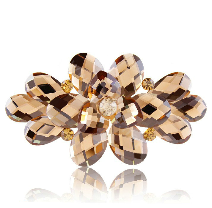 Big Crystal Rhinestone Flower Hair Barrette Clip Metal Hairpin - Coffee