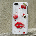 Bling Red lips Crystal Cases Rhinestone Pearls Covers for iPhone 5S - White