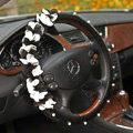 Auto Car Steering Wheel Cover Pearl Flowers Cowhide Diameter 16 inch 40CM - Black