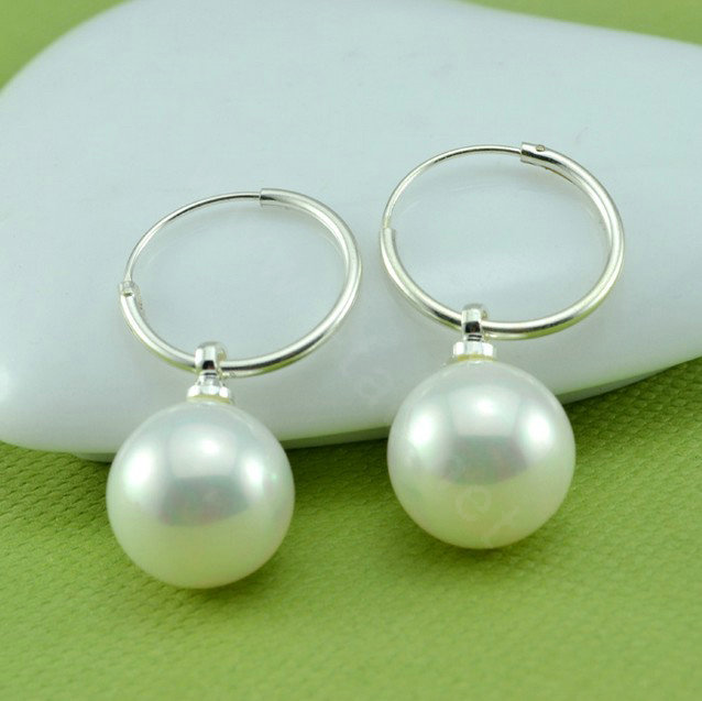 10X25mm White south sea shell pearl earrings 925 sterling silver hoop earrings