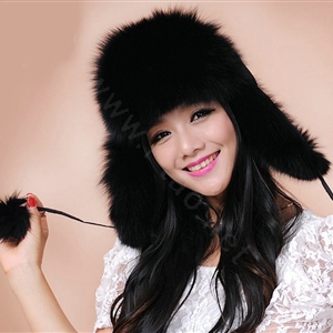 Fashion Women Fox Fur Hats Winter Warm Whole Leather Ear protector Caps - Black