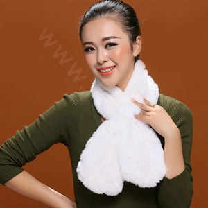 Women Fashion Knitted Rex Rabbit Fur Scarves Flower Winter Warm Scarf Wraps - White
