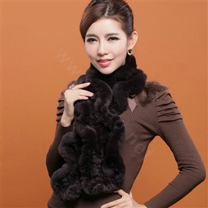 Women Fashion Knitted Rex Rabbit Fur Scarves Winter warm Wave Scarf Wraps - Coffee