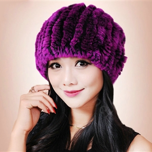 Women Knitted Rex Rabbit Fur Hats Thicker Winter Fur Ball Handmade Warm Caps - Purple