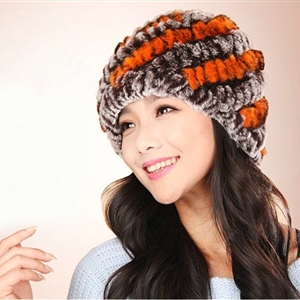 Women Knitted Rex Rabbit Fur Hats Thicker Winter Handmade Thermal Twill Caps - Coffee Orange