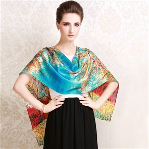 Luxury autumn and winter female 100% mulberry silk print scarf shawl wrap - Blue
