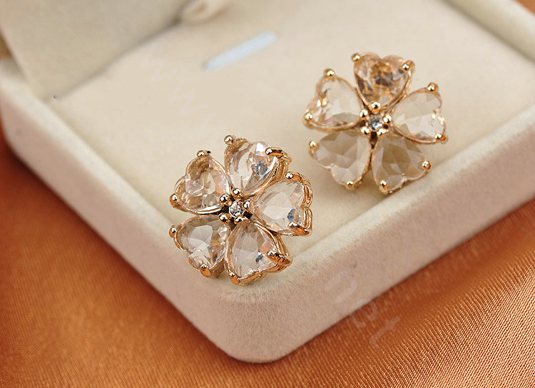 Luxury fashion women diamond crystal flower earrings 18k gold plated - White