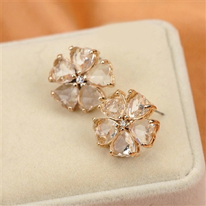 Luxury fashion women diamond crystal flower earrings 18k gold plated - White