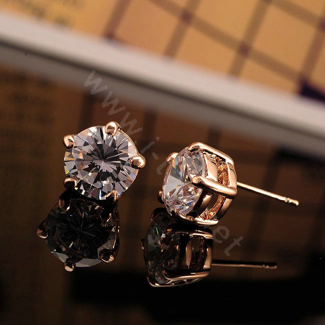 Luxury fashion women diamond crystal stud earrings 18k rose gold GP - White