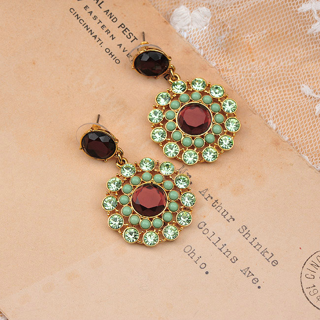 Luxury fashion women flower crystal diamond gems earrings - Green