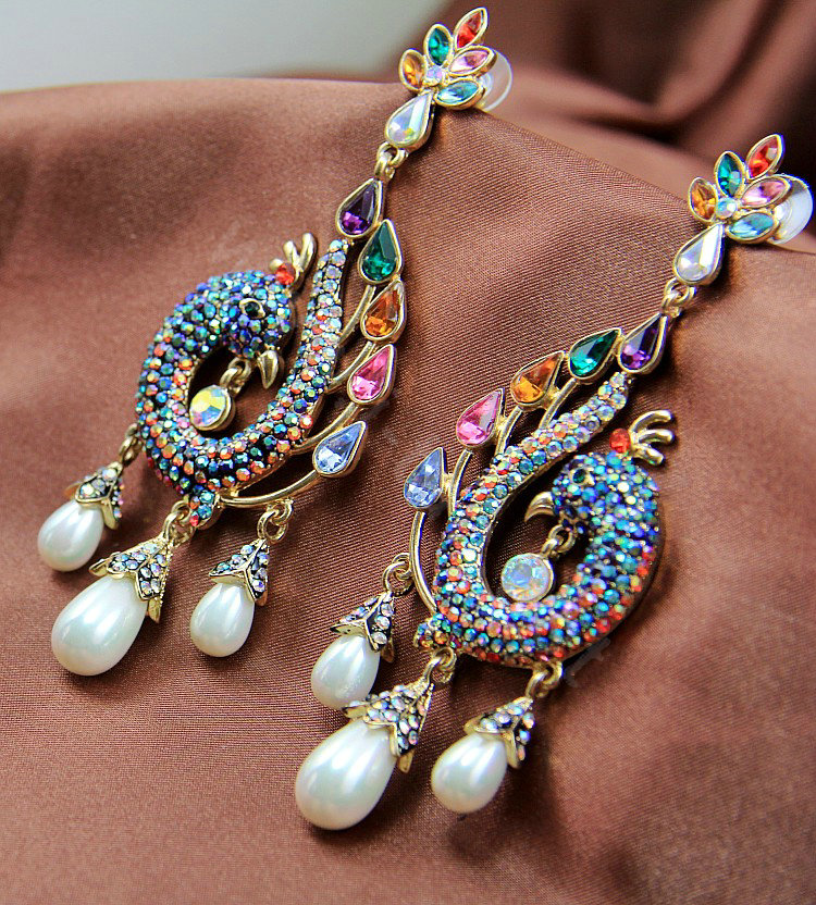 Luxury fashion women peacock crystal diamond earrings 18k gold plated - Multicolor