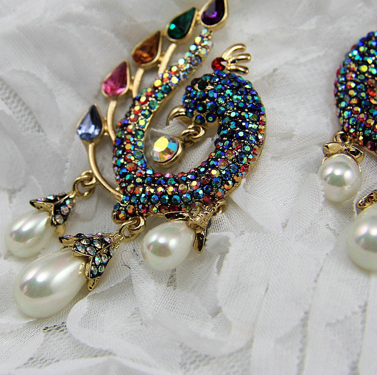 Luxury fashion women peacock crystal diamond earrings 18k gold plated - Multicolor