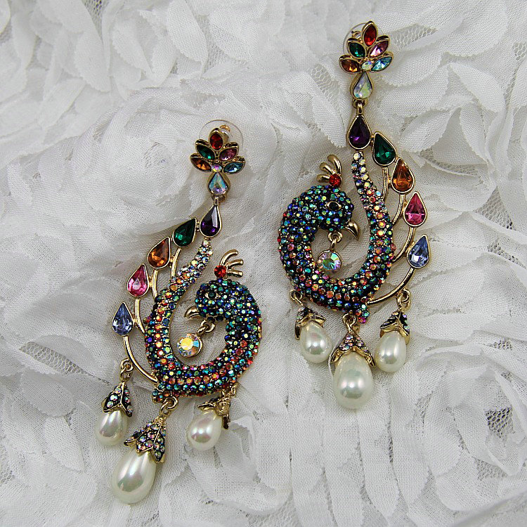 Luxury fashion women peacock crystal diamond earrings 18k gold plated - Multicolor