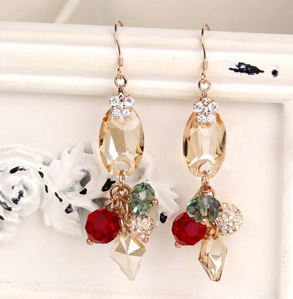 Luxury crystal bead diamond 925 sterling silver elegant dangle earrings - Champagne