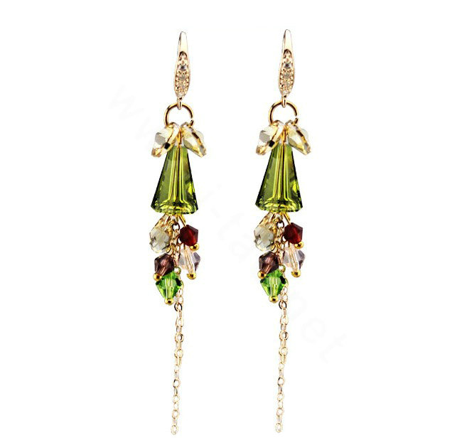 Luxury crystal bead diamond 925 sterling silver long tassel dangle earrings - Green