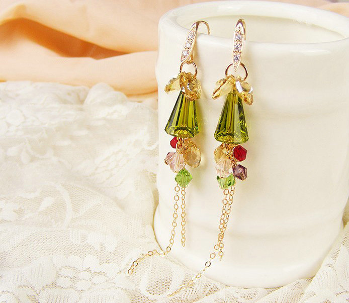 Luxury crystal bead diamond 925 sterling silver long tassel dangle earrings - Green