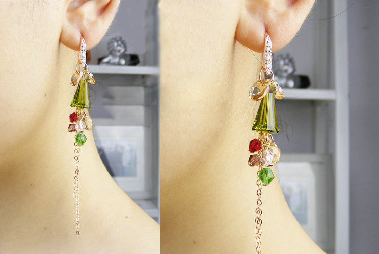 Luxury crystal bead diamond 925 sterling silver long tassel dangle earrings - Green