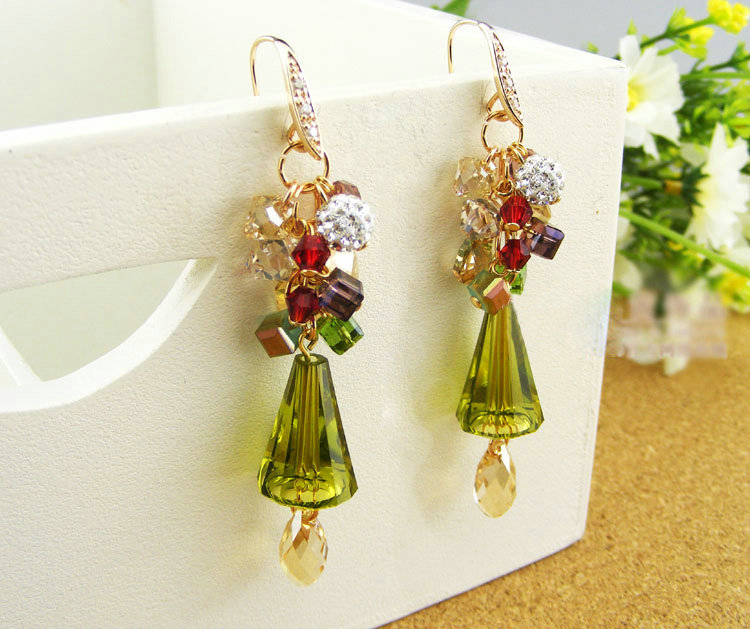 Luxury crystal diamond 925 sterling silver chandelier tassel dangle earrings - Green