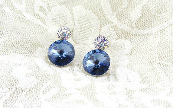 Luxury crystal diamond 925 sterling silver stud earrings 10mm - Blue