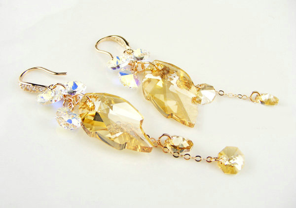 Luxury crystal diamond leaf 925 sterling silver long tassel dangle earrings - Champagne
