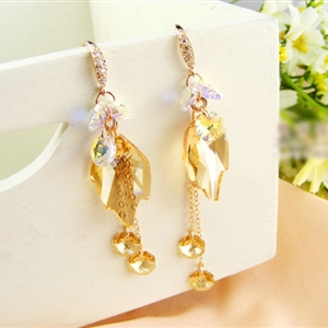 Luxury crystal diamond leaf 925 sterling silver long tassel dangle earrings - Champagne