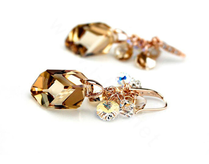 Luxury crystal diamond raindrop 925 sterling silver dangle earrings - Champagne