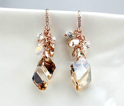 Luxury crystal diamond raindrop 925 sterling silver dangle earrings - Champagne