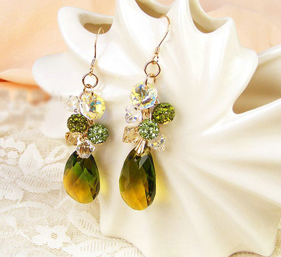 Luxury crystal diamond raindrop 925 sterling silver dangle earrings - Green