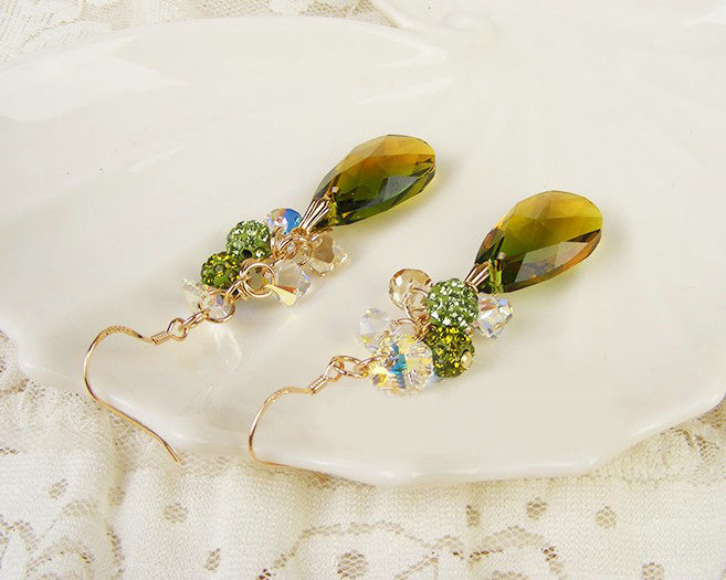 Luxury crystal diamond raindrop 925 sterling silver dangle earrings - Green