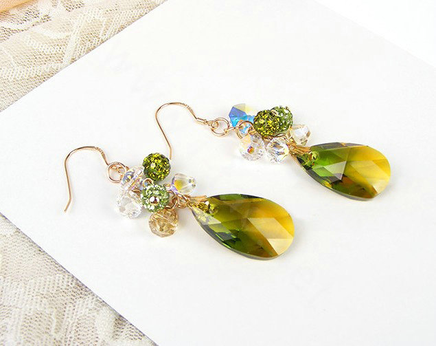 Luxury crystal diamond raindrop 925 sterling silver dangle earrings - Green