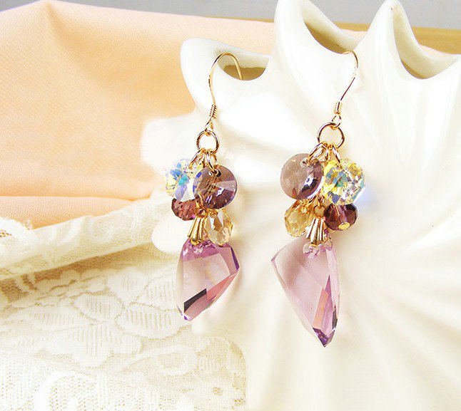 Luxury fashion crystal diamond 925 sterling silver tassel dangle earrings - Purple