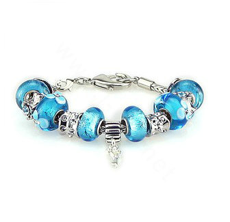 Luxury fashion diamond glass beads women bangle bracelet 18K white gold GP - Blue 19