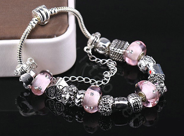 Luxury fashion diamond glass beads women bangle bracelet 18K white gold plated - light pink