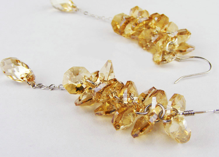 Luxury round crystal diamond 925 sterling silver long tassel dangle earrings - Champagne