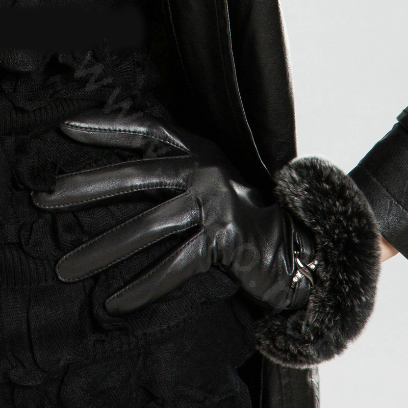Allfond Women winter waterproof cold-proof warm rex rabbit fur genuine goatskin leather gloves M - Black