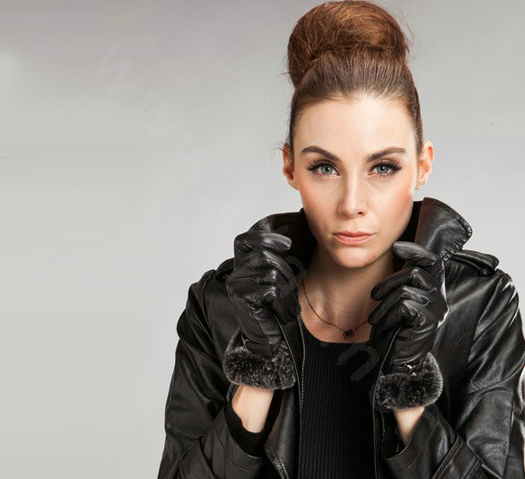 Allfond Women winter waterproof cold-proof warm rex rabbit fur genuine goatskin leather gloves M - Black