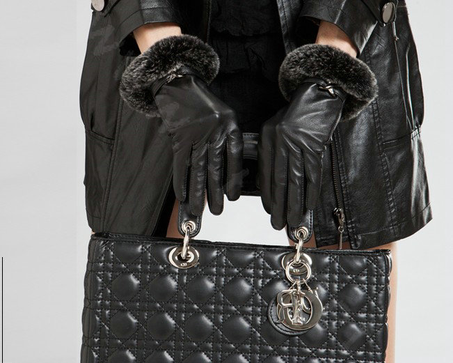 Allfond Women winter waterproof cold-proof warm rex rabbit fur genuine goatskin leather gloves M - Black