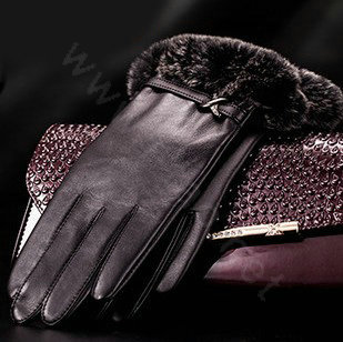 Allfond Women winter waterproof cold-proof warm rex rabbit fur genuine goatskin leather gloves M - Black