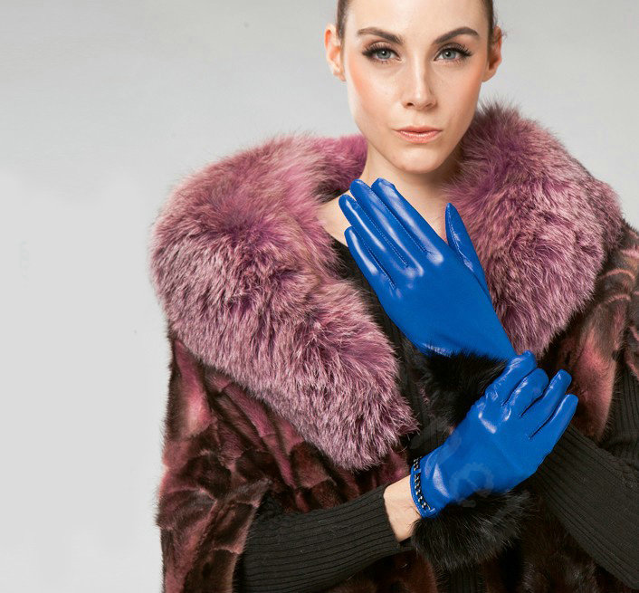 Allfond women winter warm waterproof cold-proof rex rabbit fur genuine goatskin leather gloves L - Blue