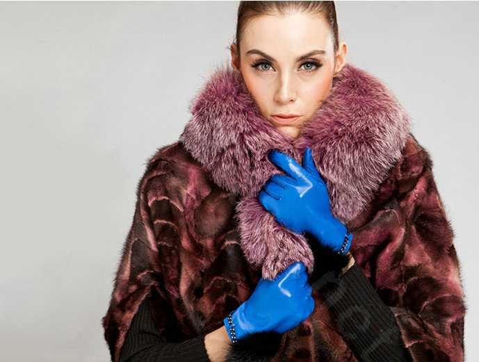 Allfond women winter warm waterproof cold-proof rex rabbit fur genuine goatskin leather gloves L - Blue