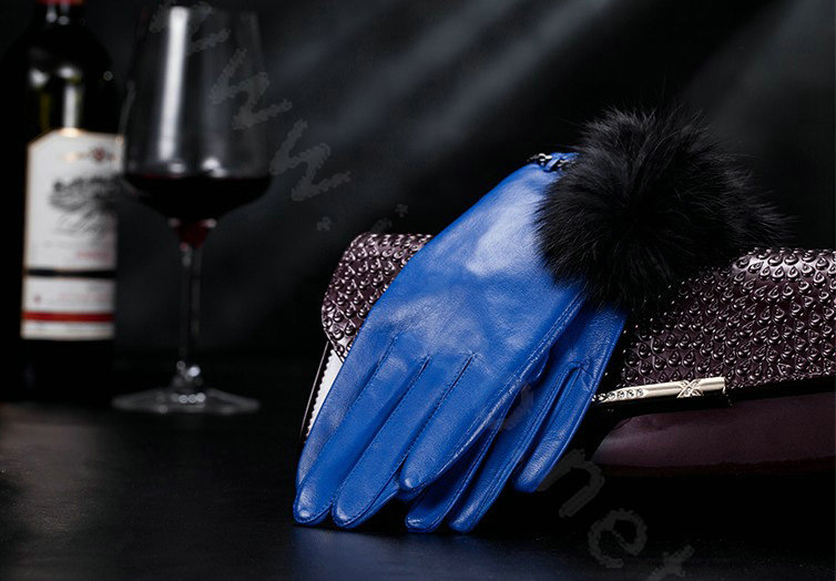 Allfond women winter warm waterproof cold-proof rex rabbit fur genuine goatskin leather gloves L - Blue