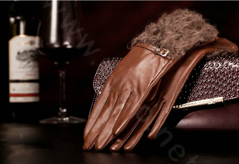 Allfond women winter warm waterproof cold-proof wool genuine goatskin leather gloves M - Brown