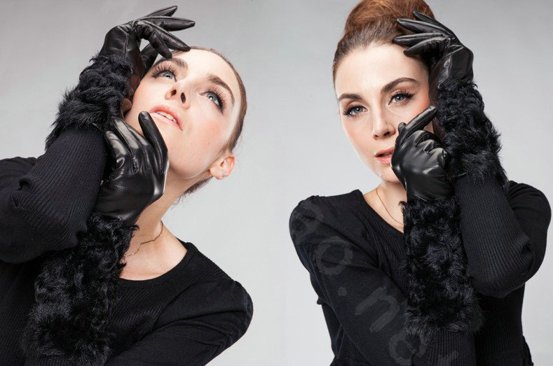 Allfond women winter warm waterproof cold-proof wool long genuine goatskin leather gloves M - Black