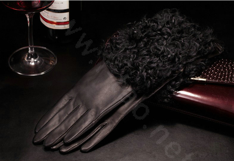 Allfond women winter warm waterproof cold-proof wool long genuine goatskin leather gloves M - Black