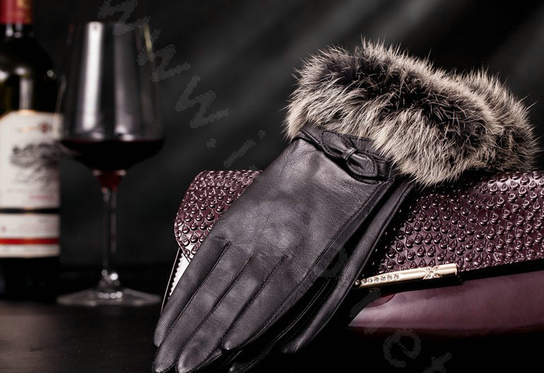 Allfond women winter waterproof cold-proof bow-knot rex rabbit fur genuine goatskin leather gloves M - Black