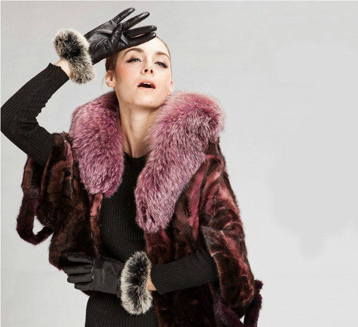 Allfond women winter waterproof cold-proof bow-knot rex rabbit fur genuine goatskin leather gloves M - Black