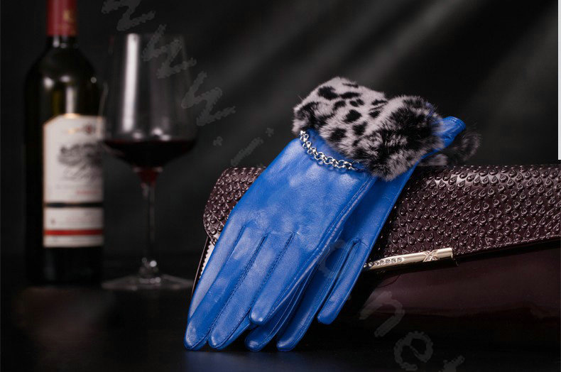 Allfond women winter waterproof cold-proof leopard rex rabbit fur genuine goatskin leather gloves M - Blue