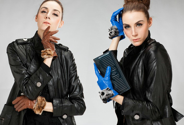 Allfond women winter waterproof cold-proof leopard rex rabbit fur genuine goatskin leather gloves M - Blue
