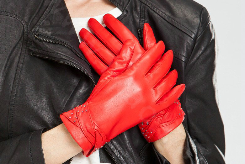 Allfond women winter waterproof cold-proof warm bead genuine goatskin leather gloves M - Red
