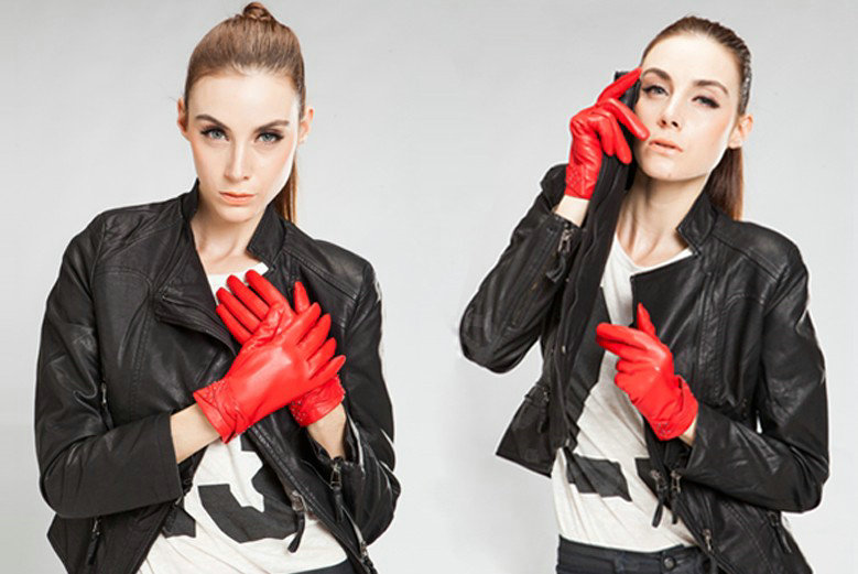 Allfond women winter waterproof cold-proof warm bead genuine goatskin leather gloves M - Red